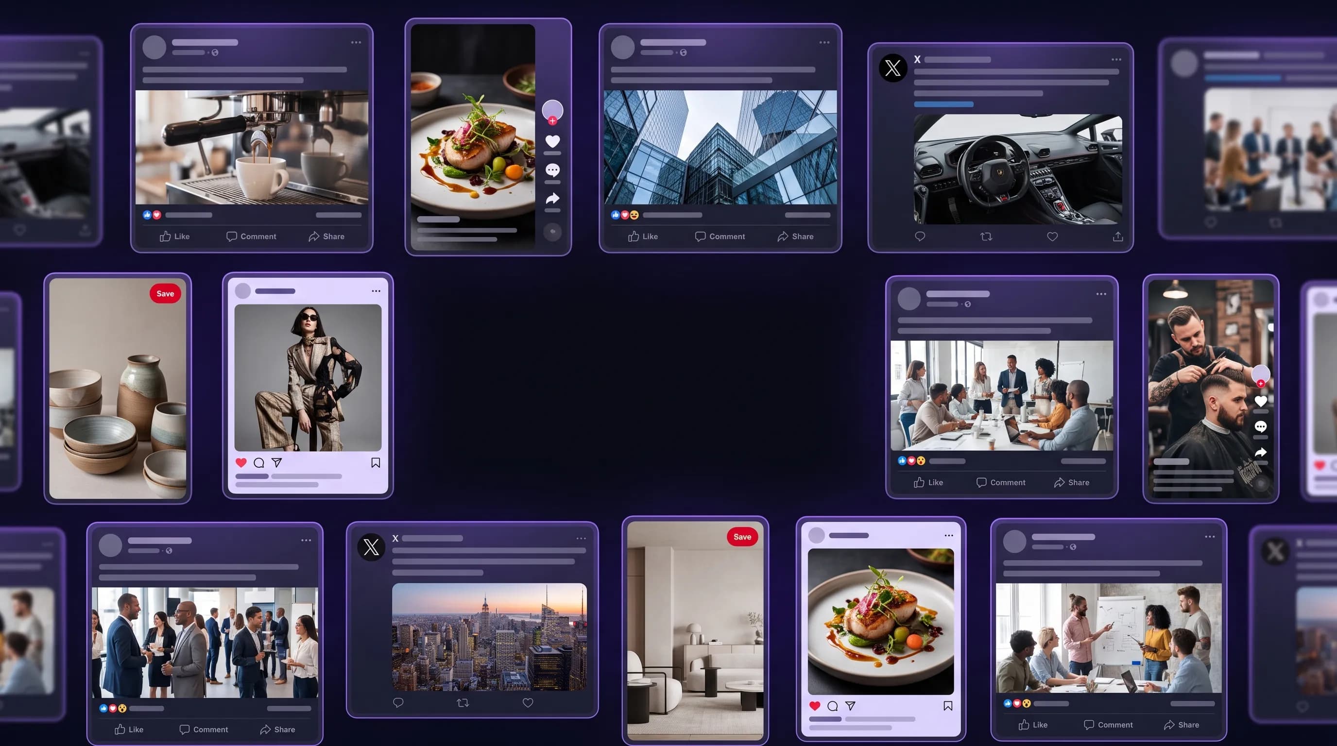 Un mur de publications sociales d’entreprises et de plateformes variées, créées avec SocialRoute