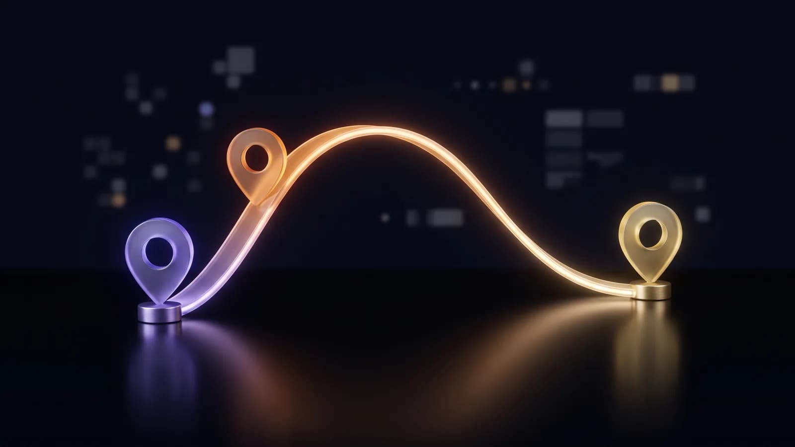 Three waypoints joined by a rising and landing arc, violet warming to amber