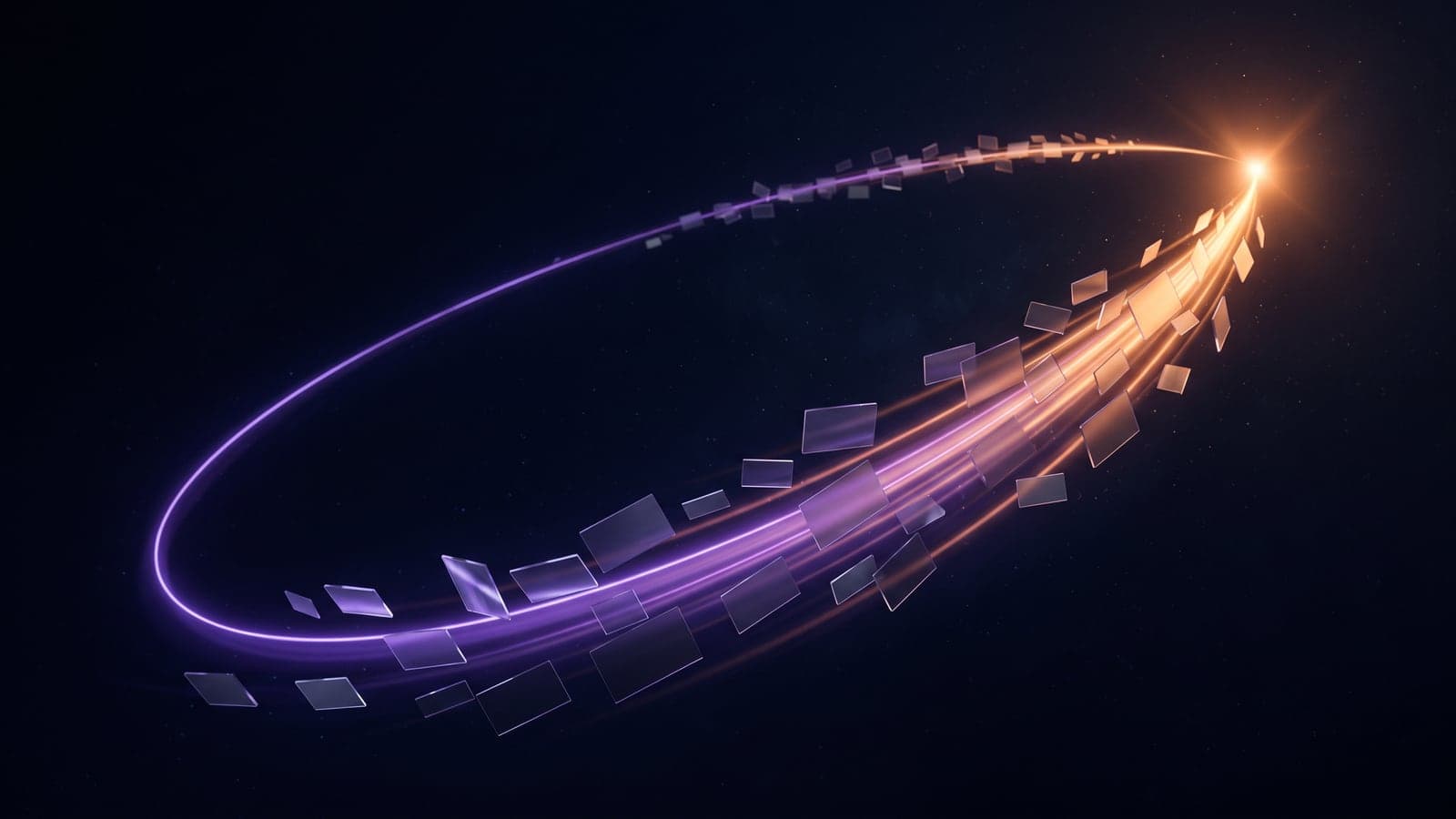 Abstract social posts rising along a glowing arc toward a single bright point