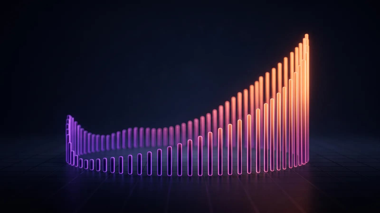 Abstract bars rising from a grid plane in a smooth upward curve
